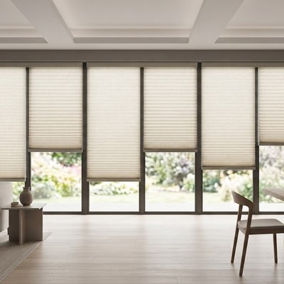 Cellular Shades across a wide window wall in a living and dining room