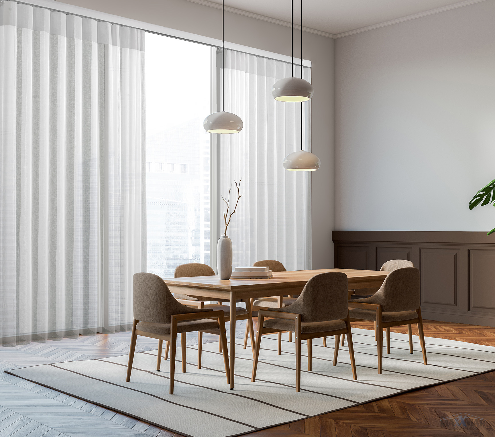 Dream Shades sheer vanes across a floor-to-ceiling window wall in a high-rise dining room
