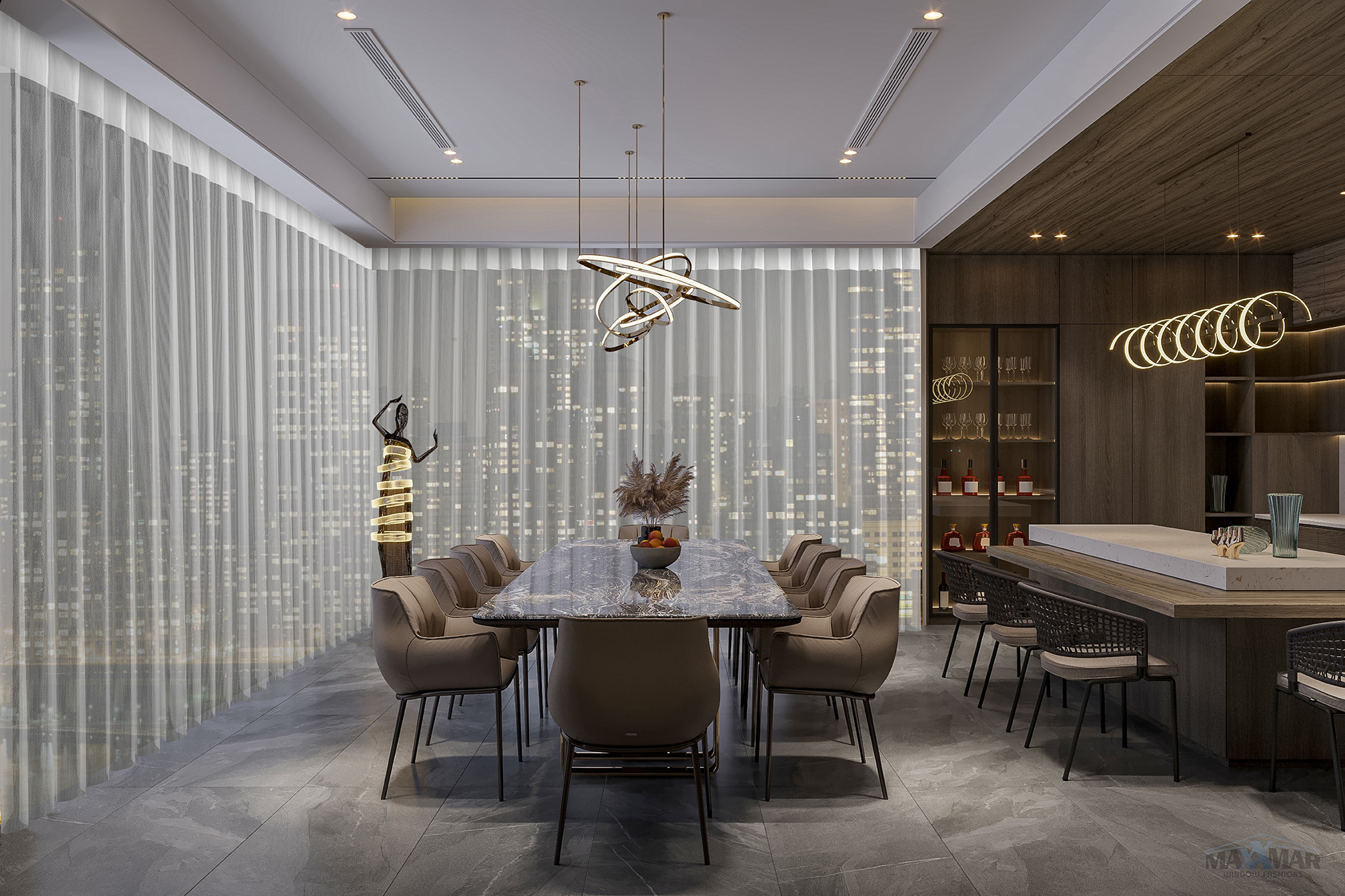 Dream Shades sheer vanes at night in a city high-rise dining and bar area