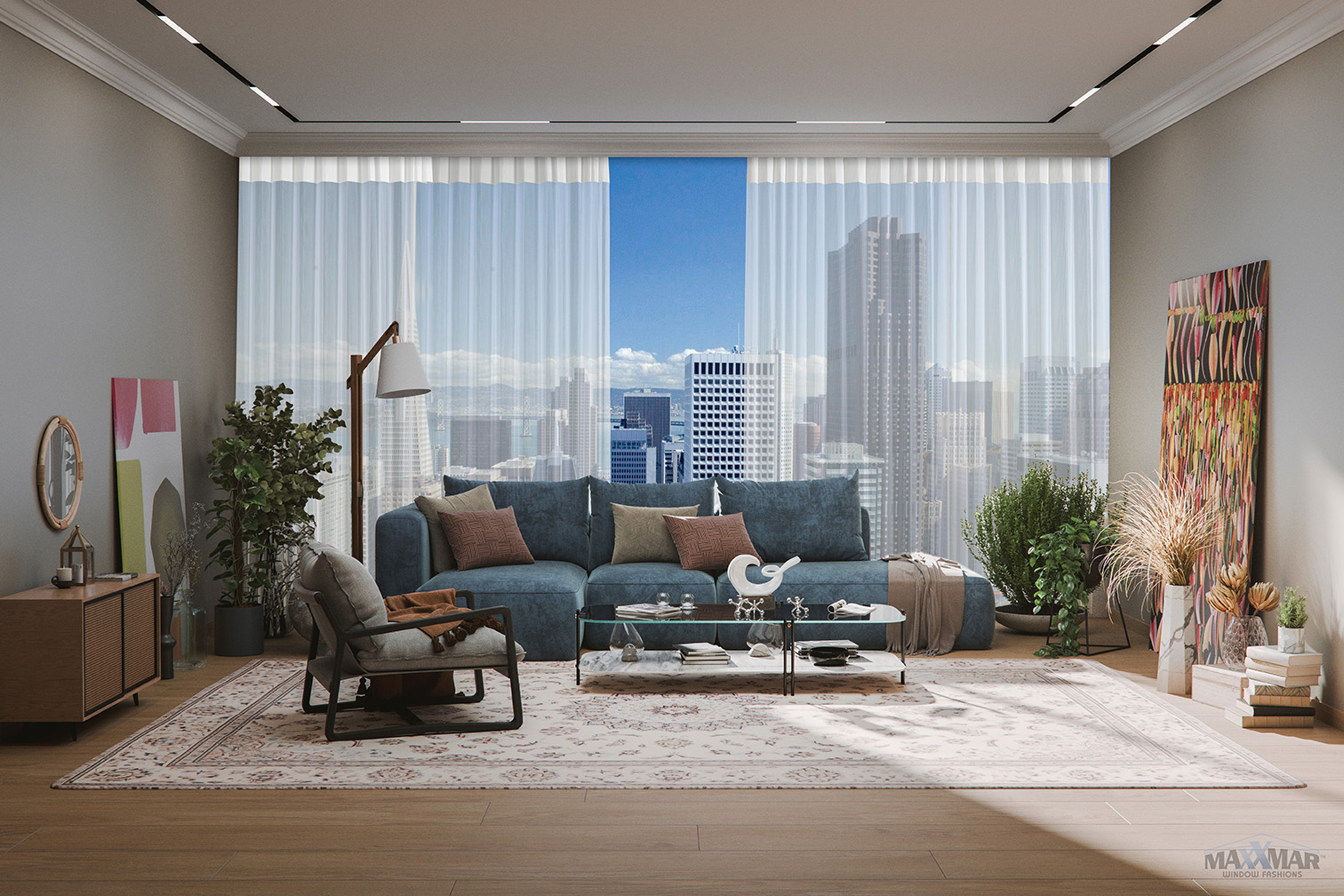 Dream Shades installed in a bright, sunlit living room
