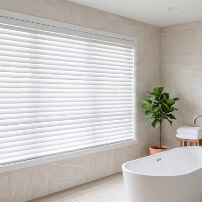 White 2 inch Faux Wood Blind installed in a bathroom