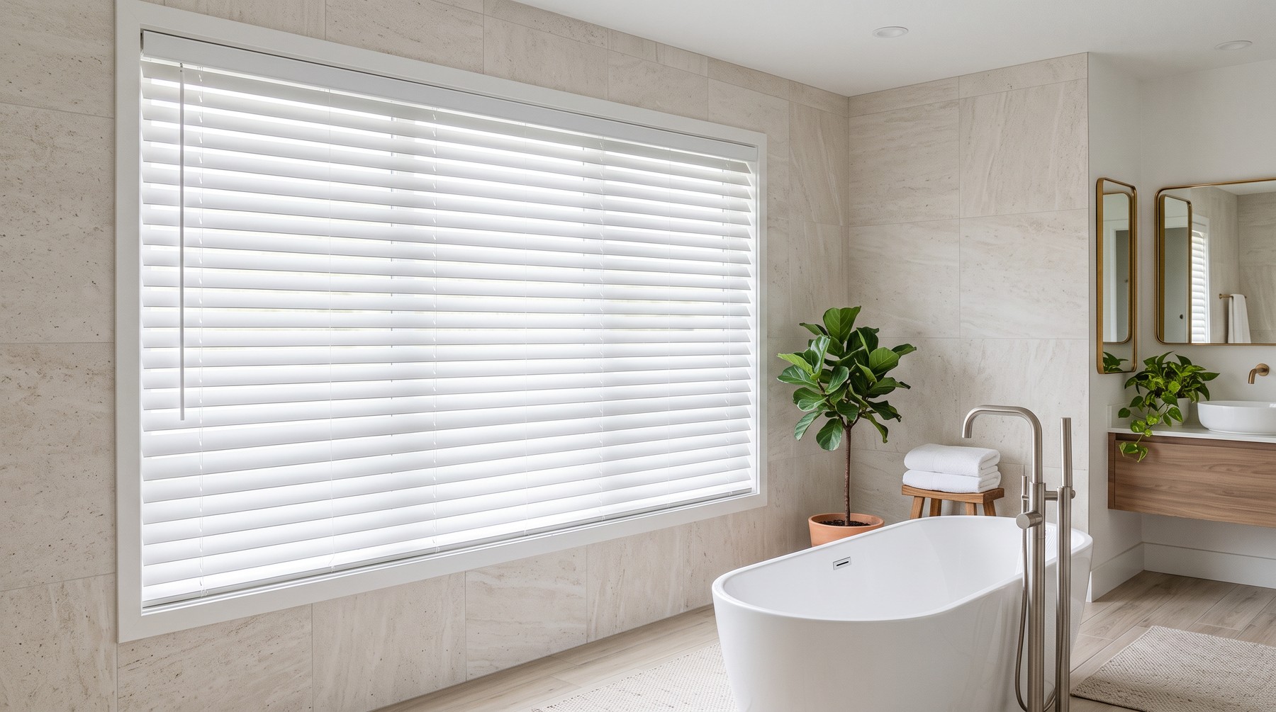 White 2 inch Faux Wood Blind installed in a bathroom