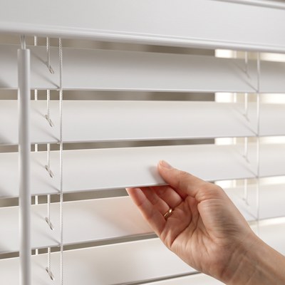 Close-up of Faux Wood Blind slats, alternate angle