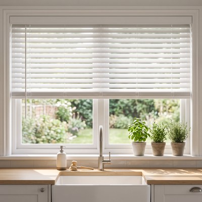 White 2 inch Faux Wood Blind installed in a kitchen