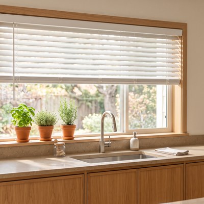 White 2 inch Faux Wood Blind installed in a kitchen, alternate angle