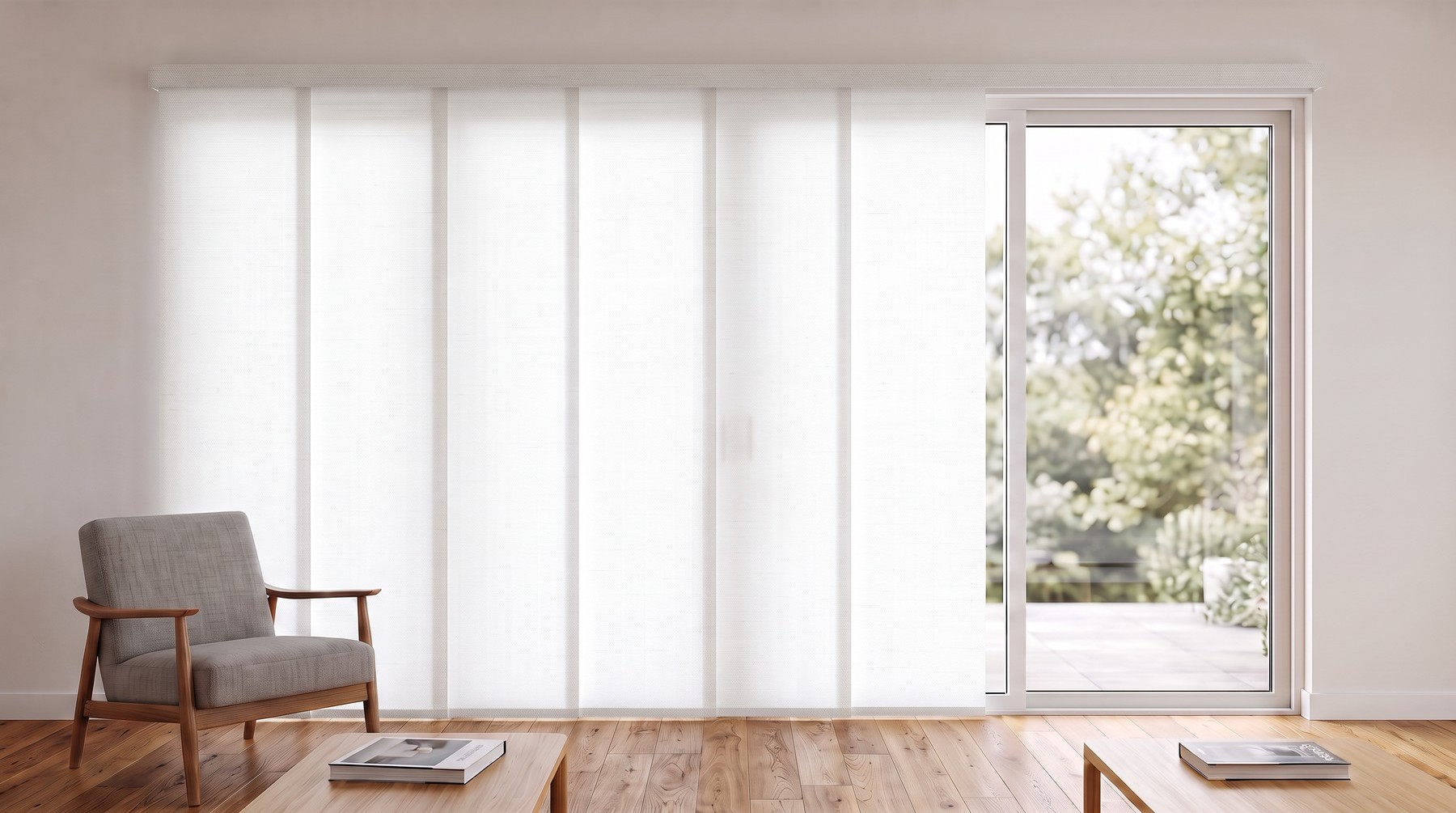Panel Tracks in Light Filtering fabric installed at a living room patio door