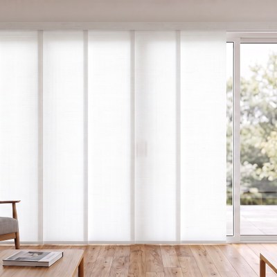 Panel Tracks in Light Filtering fabric installed at a living room patio door