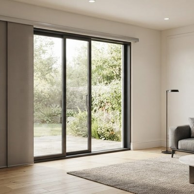 Panel Tracks installed in front of a sliding patio door in a living room