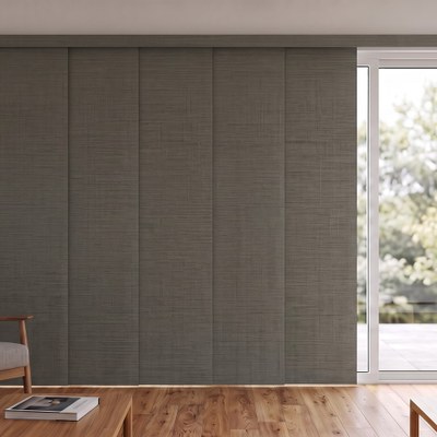Panel Tracks in white fabric installed at a living room patio door