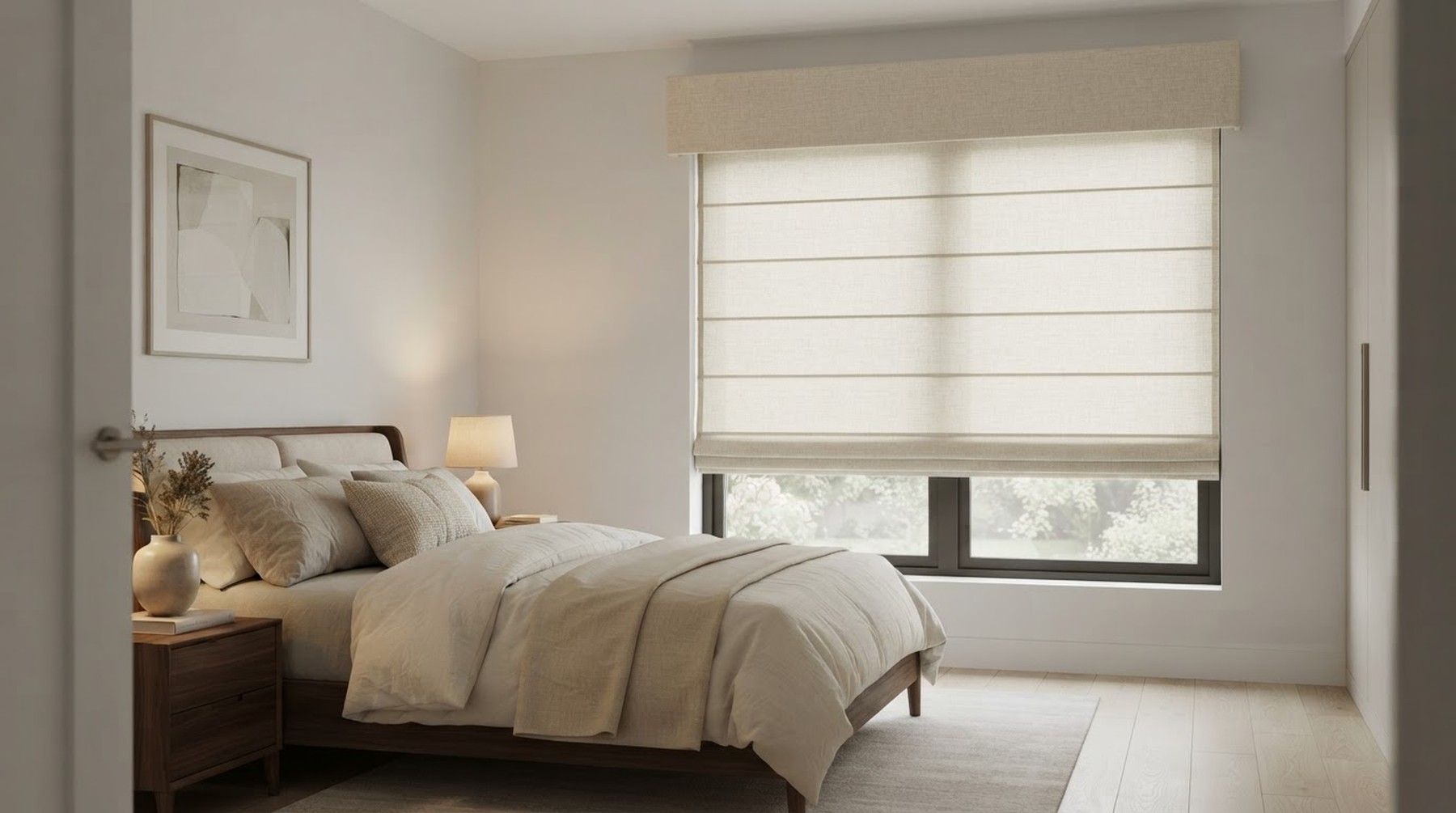 Roman Shade in flat fold style installed in a bedroom