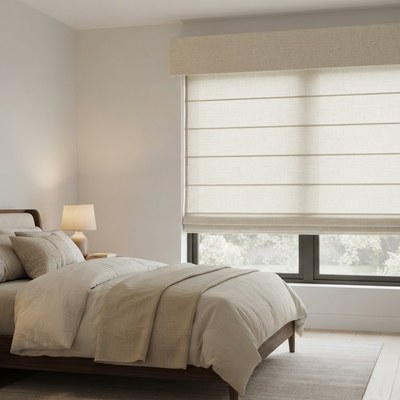 Roman Shade in flat fold style installed in a bedroom
