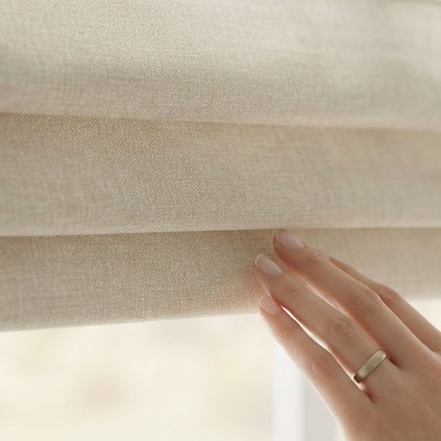 Close-up detail of a Roman Shade in hobbled fold style