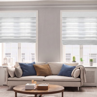 Roman Shade in hobbled fold style installed in a living room