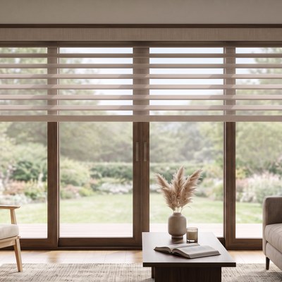 Sunset Shades installed in a living room with garden view