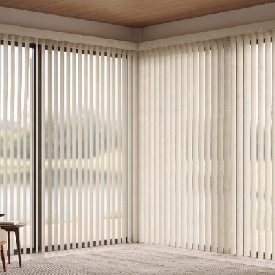 PVC Verticals in Alma Sea Pearl wrapping a corner window wall overlooking a lake