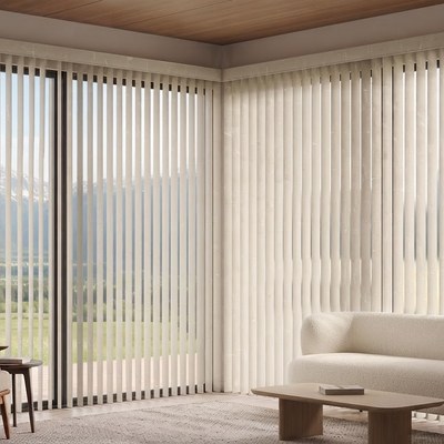 PVC Verticals wrapping a corner window wall with a mountain view