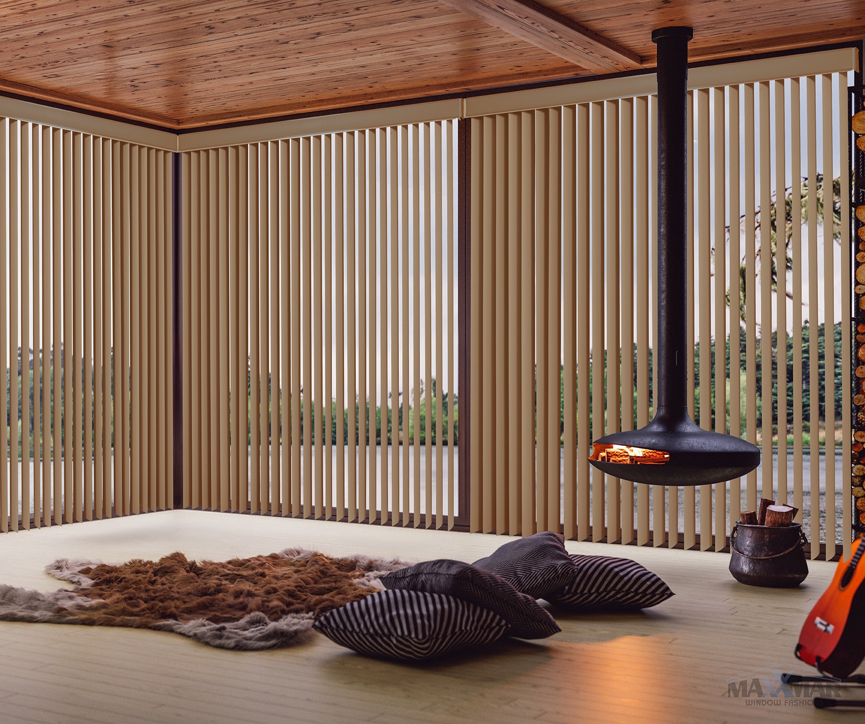 PVC Verticals wrapping a corner window wall in a cabin living room with a fireplace
