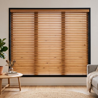 2 inch Wood Blind installed in a living room with a black window frame