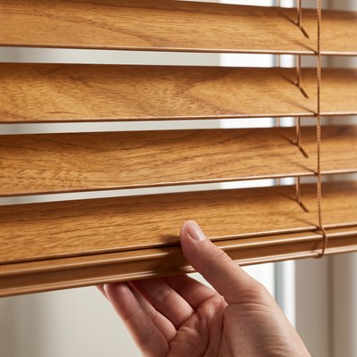 Hand adjusting the tilt of a Wood Blind's slats